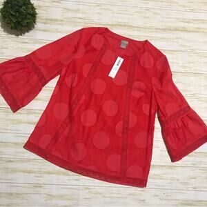 Chicos NWT Coral Pink Orange Crochet Lace Bell‎ Sleeve Polka Dot Top Blouse 0